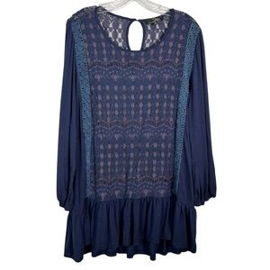 Suzanne Betro Navy Blue Lace Applique Longline Tunic Blouse XL Babydoll Sheer